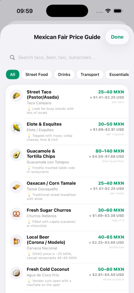 PesoDolar Mexican Fair Price Guide Screen